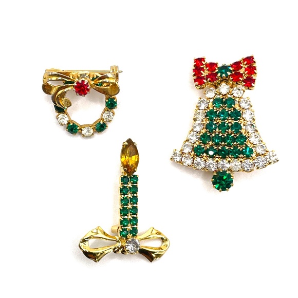 Vintage Unsigned Christmas Bell Candle Dainty Wreath Pins Brooches Lot of 3 - Picture 1 of 6